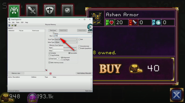Cheat Engine Soda Dungeon inserts first value
