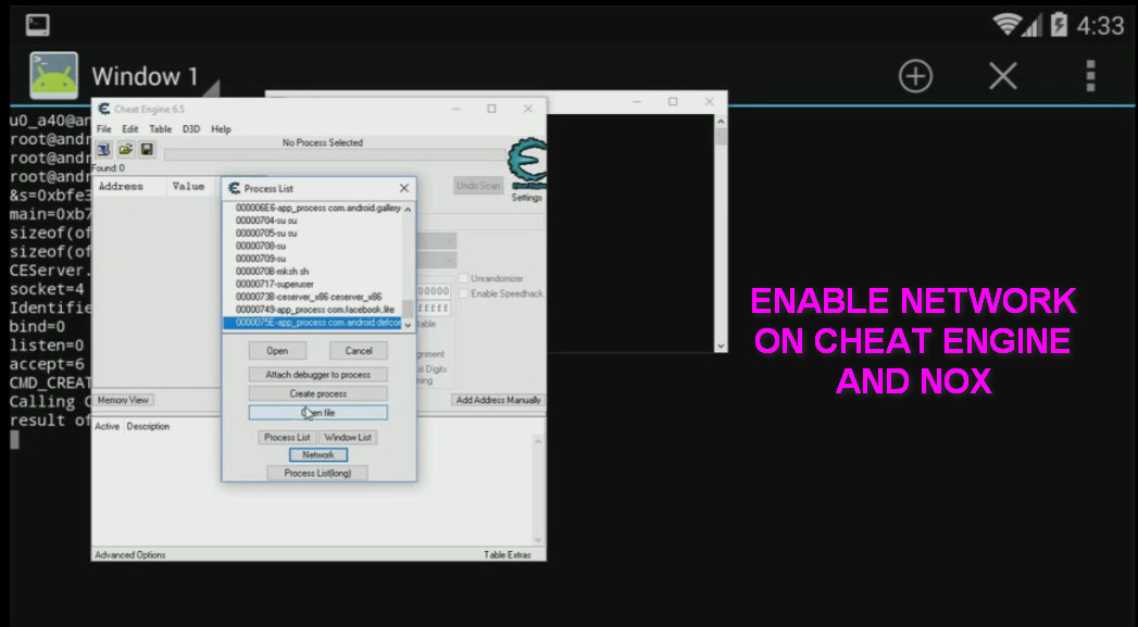 Cheat Engine Network Android PC server on NOX- Accesses and writes address