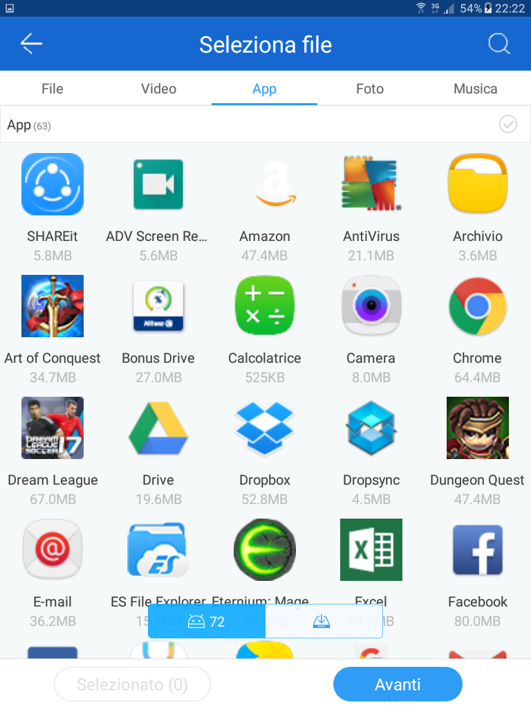 ShareIt Android Selezione dei files schermata applicazioni